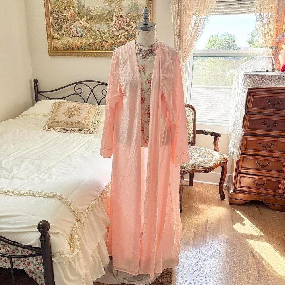 70s robe 70s peach pink robe vintage long lounge layer size large